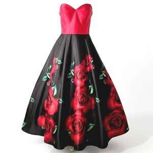 Strapless Red Black Rose Print Dress Sweetheart Neck Formal Prom Dance Sz 7